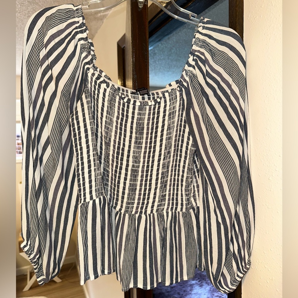 American Eagle Outfitters Navy and White Striped Linen Blouse
